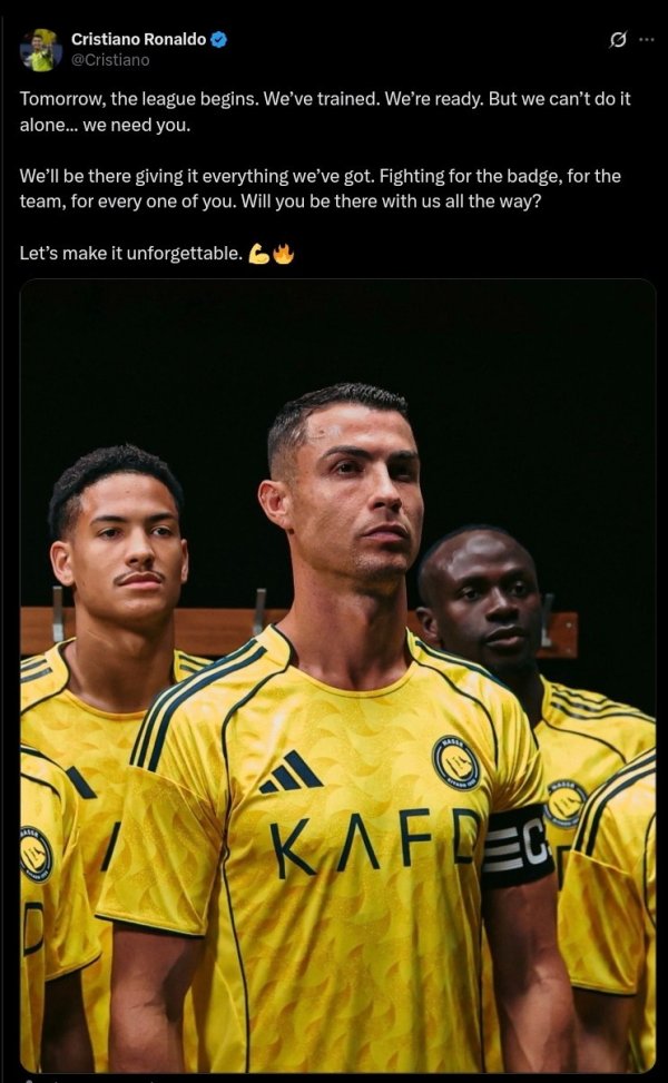 C罗社媒晒照预热：明天新赛季职业联赛  开启，我们已经整装待发！